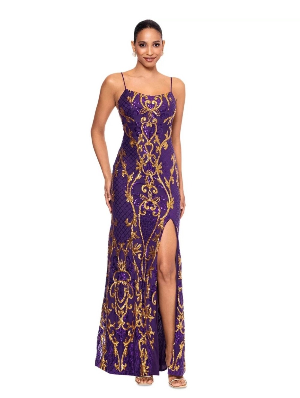 Betsy & Adam NWT 12P Purple Gold Sequin Lace Formal Gown Maxi Dress $269 Luxury